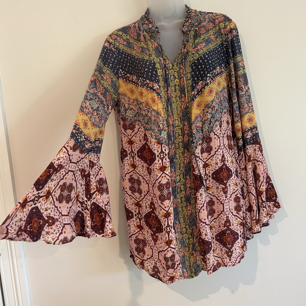 Umgee Daydream Believer Tunic Mini Dress Sz M Bell Sleeve Boho Hippie